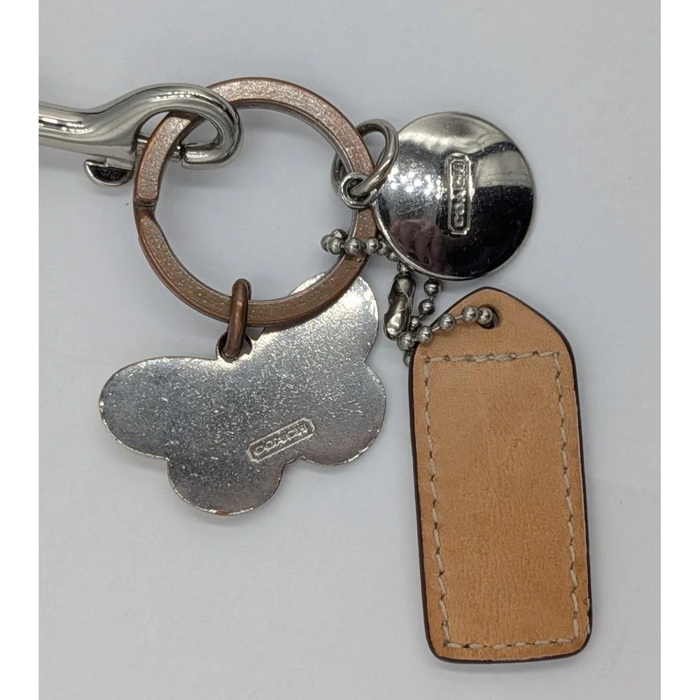 Coach Keychain Bag Charm Pink Butterfly Tan Silver Leather Hangtag Logo Vintage